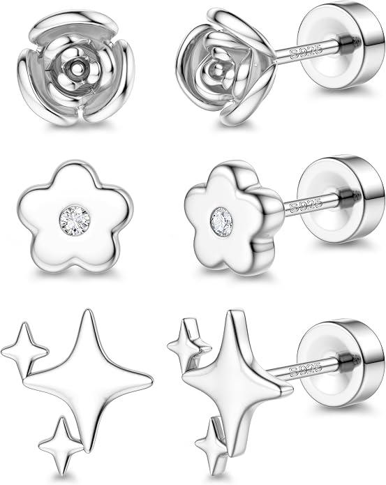 ORAZIO 925 Sterling Silver Flat Back Stud Earrings for Women Hypoallergenic 14K Gold Plated Cartilage Earrings for Sensitive Ears Small CZ Opal Conch Helix Tragus Piercing Jewelry 3 Pairs 20G