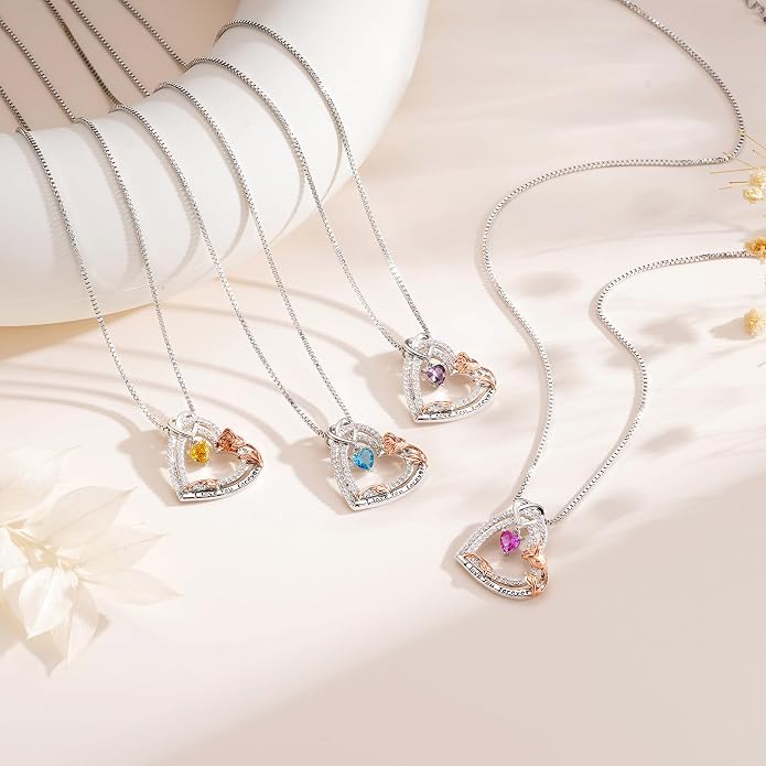 Gifts for Mom 925 Sterling Silver Birthstone Necklace for Women, Heart & Rose Design Birthday Gifts for Mom Wife Her