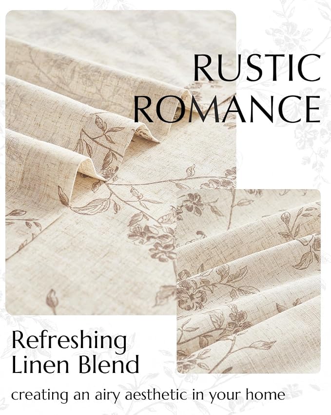 jinchan Taupe Floral Linen Curtains 90 Inch Farmhouse Back Tab 2 Panels | Flower patterned drapes, french country, light filtering, semi sheer, printed, bedroom, living room, office, window treatment