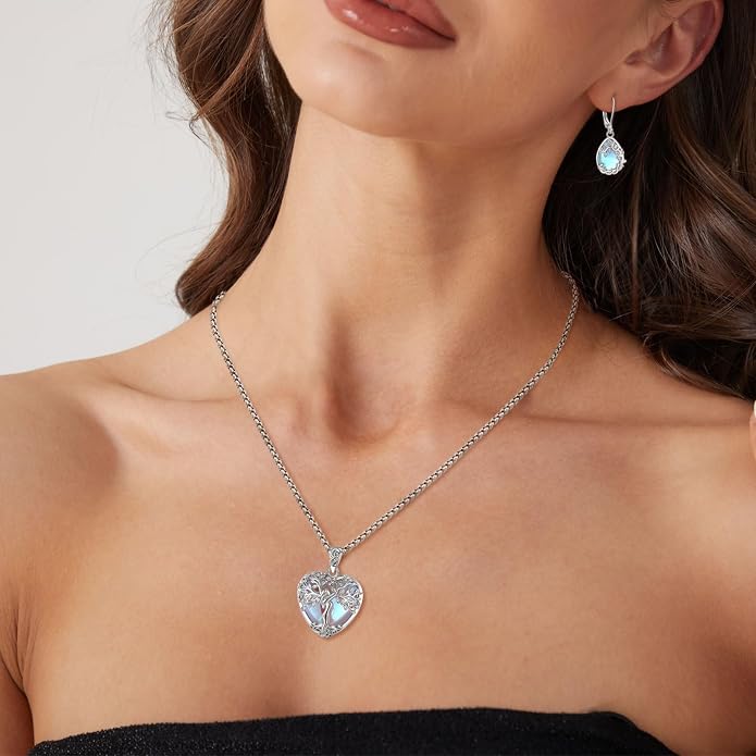 EUDORA Tree of Life Necklace with Moonstone Amethyst Obsidian Turquoise Healing Crystal for Women, Silver Plated Copper Mother Tree of Life Pendant Amulet Energy Jewelry, Gift for Women Mom, 20"+2"