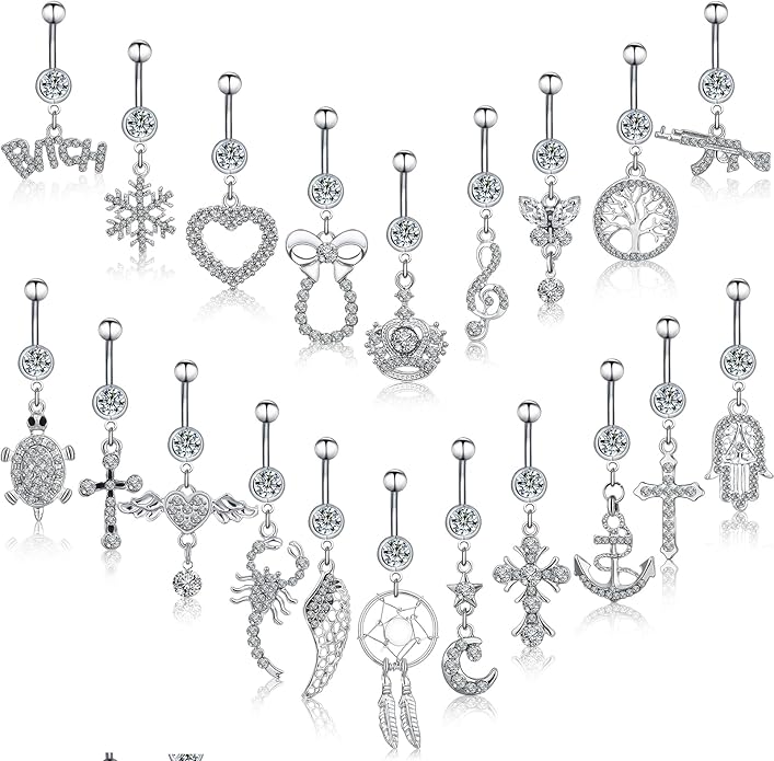 Junkin 20 Pcs 14G Dangle Belly Button Ring, Dangling 316L Surgical Navel Rings Cubic Zirconia Belly Piercing Jewelry