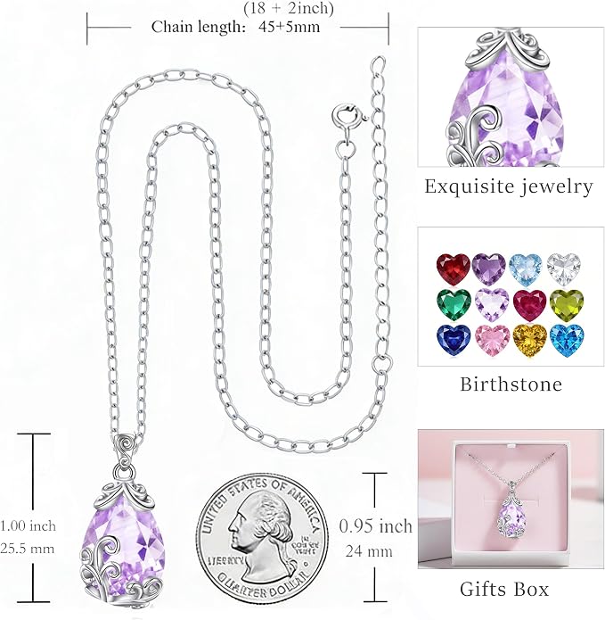 POPLYKE Sterling Silver Gemstone Teardrop Pendant Necklace Crystal Jewelry for Women