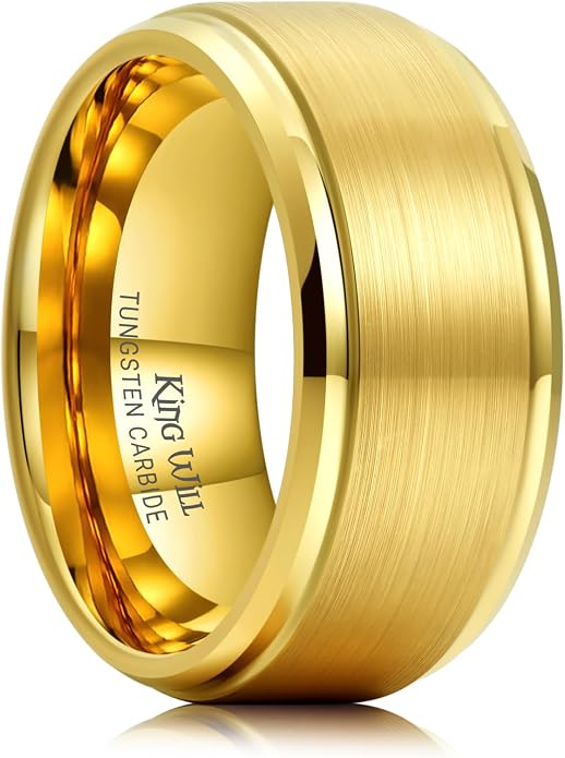 King Will Tungsten Carbide Wedding Band for Men Women-4/6/8mm Width 14K Gold Plated Tungsten Wedding Ring Matte Brushed & High Polished Style Comfort Fit Wedding Band Size 6-14
