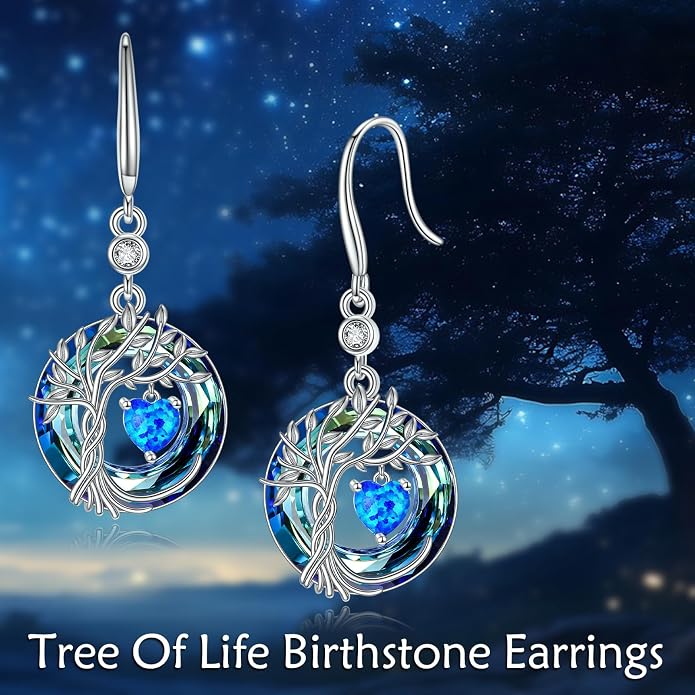 POPLYKE Tree of Life Birthstone Earrings 925 Sterling Silver Dainty Gemstone Birthstone Dangle Drop Earring with Crystal Fine Jewelry Birthday Gifts for Women Her