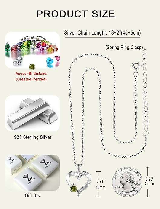 YL Heart Necklace 925 Sterling Silver Love Heart Pendant Birthstone Jewelry for Women