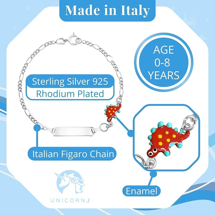 UNICORNJ 925 Italy Sterling Silver Child or Baby Name Bracelet Girls Boys, Personalized Engraved Kids ID Bracelets, 6.5" Figaro Chain, Enamel Charm Newborn Infant Toddler Kid Jewelry