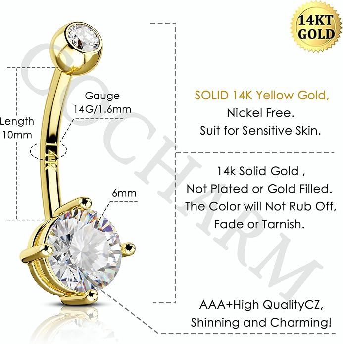 COCHARM 14K Gold Belly Button Rings for Women 14K Yellow Gold Belly Rings Round CZ Real Gold Belly Navel Piercing Jewelry