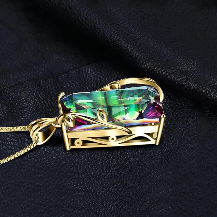 JewelryPalace Multicolor Luxurious 15.2ct Rectangle Genuine Mystic Quartz Pendant Necklaces for Women, 14K White Yellow Rose Plated Gold 925 Sterling Silver Natural Gemstones, 18 Inches Chain