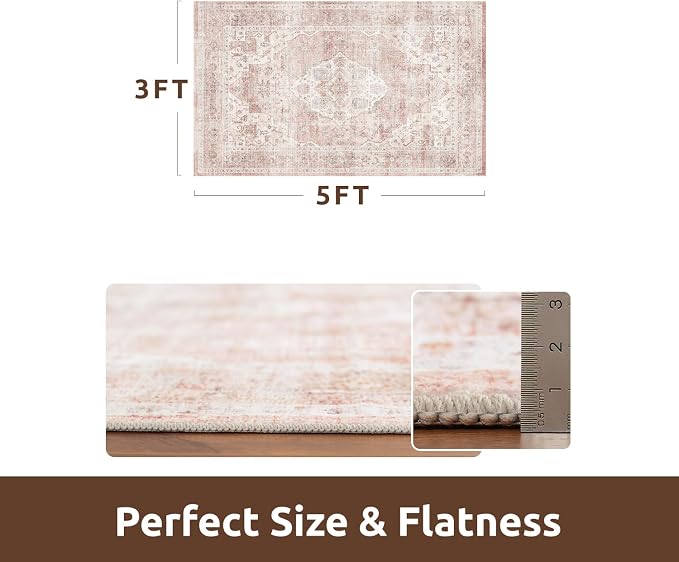 AMOAMI-3X5 Area Rug-Soft Washable Vintage Throw Accent Rugs for Living Room, Entryway, Bedroom, Kitchen, Bathroom, Laundry Room, Kitchen, Bathroom, Bedside, No Slip Pink