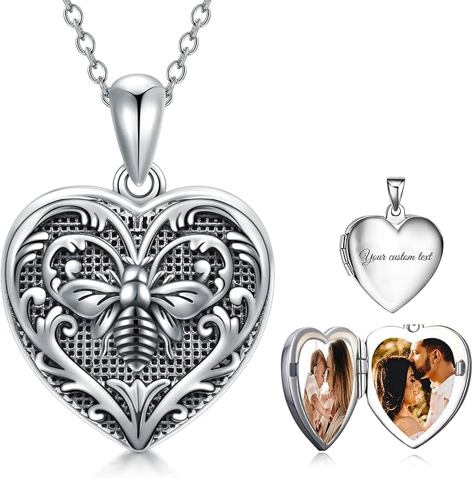 SOULMEET Personalized Silver Locket Necklace That Holds Pictures Photo Keep Someone Near to You, Memorial Custom Lockets Necklaces Letters Engraving for His Her