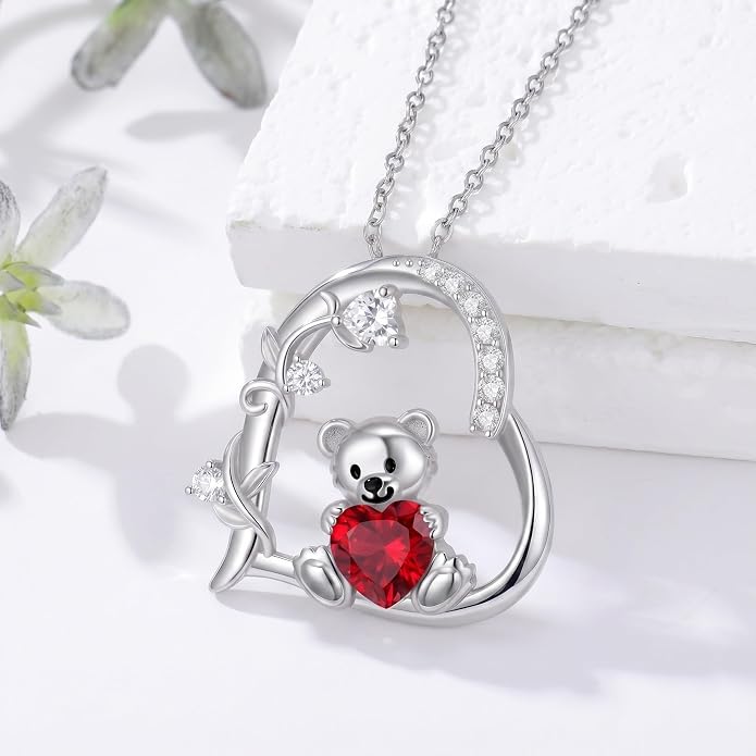 PELOVNY Teddy Bear Necklace for Women 925 Sterling Silver Bear/Highland Cow/Fox/Cat/Axolotl Birthstone Necklace Christmas Birthday Jewelry Gifts for Mom Daughter Wife Sister