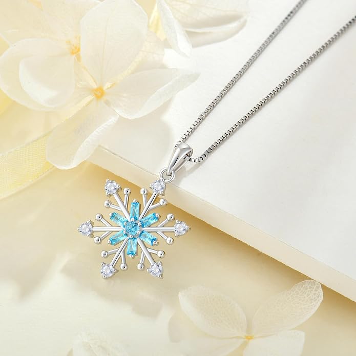 925 Sterling Silver Snowflake Necklace Birthstone Snowflake Pendant Necklaces for Women Cubic Zirconia Christmas Jewelry