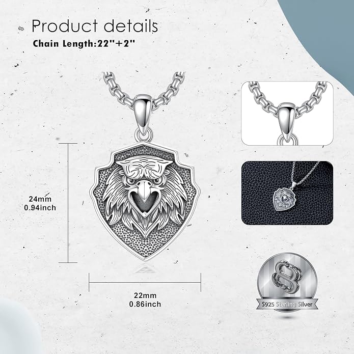 SIMONLY Eagle/Wolf/Skull Necklace for Men 925 Sterling Silver Shield Fish Hook Pendant Amulet Necklace Viking Shield Jewelry Christmas Gifts for Him