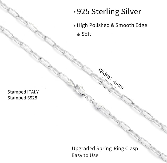 S925 Sterling Silver Necklace for Women, 4mm Sterling Silver Paperclip Chain Necklace Thick Sturdy Colourfast Necklaces Jewelry for Women 16/18/20/22 Inch