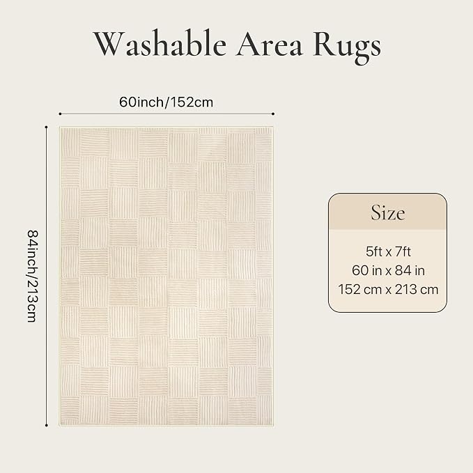 GENIMO Soft Washable Area Rugs 5x7, 3D Modern Grid Design Rugs for Living Room, High-Low Pile Textured Non Slip Fuzzy Shag Carpet, Non-Shedding Stain Resistant Beige Carpet for Bedroom, Dining Room