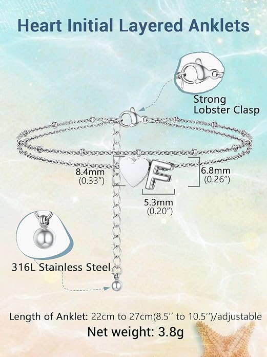 Initial Ankle Bracelets for Women, Dainty Stainless Steel Letter A-Z Layered Anklets, Heart Ankle Bracelet 8.5"-10.5" Adjustable, Summer Beach Jewelry, Come with Box