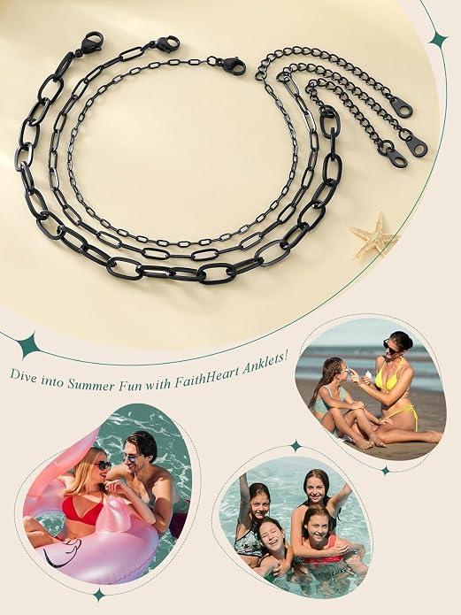 FaithHeart Waterproof Ankle Bracelets for Women, 1/2/3Pcs Non Tarnish Stainless Steel Layered Anklet Set Paperclip Figaro Cuban Link Chain Dainty Summer Beach Jewelry Gift Adjustable Size
