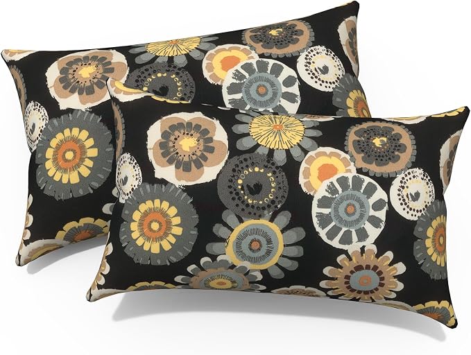 Outdoor Lumbar Pillows, Water Repellent Cushion Pillows 12x20 Inch, Outdoor Pillows with Inserts for Home Garden, Pack of 2, Black Yellow Crosby