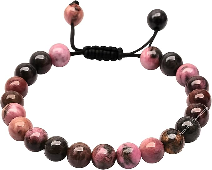Amazing Gemstone Rhodonite Bracelet, Gifts for Men & Women - Protection Healing Crystal Bracelet - 8mm Gemstone Beaded Adjustable Bracelet, Pulseras para Hombres Mujer Stocking Stuffers
