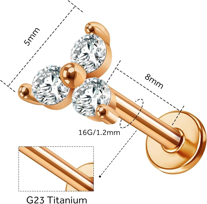 14K Yellow/White/Rose Gold Threadless Earring Top Push in 1 Pcs Triple Clear CZ Flat Back Nose Stud Threadless Cartilage Earring Helix Stud Tragus Piercing Jewelry for Women 6mm/8mm