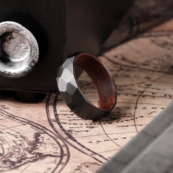 King Will 6/8mm Wedding Band for Men, Silver/Black Hammered Titanium Wedding Ring Inlaid Wood Inner Hole, Wedding Band for Men Matte Brushed Comfort Fit 7-14