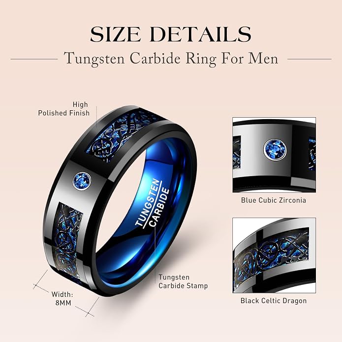 TUNGSTORY 8mm Black Celtic Dragon Tungsten Carbide Wedding Ring with Green Carbon Fiber and CZ Inlay Polished Finish Beveled Edge Size 6-16