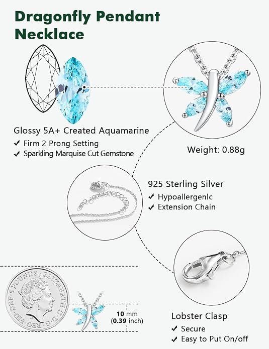 925 Sterling Silver Birthstone Necklaces for Women, Dainty Cute Dragonfly/Butterfly Pendant Necklace, Great Christmas/Anniversary Jewelry for Mother