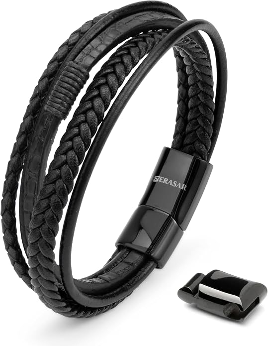 SERASAR | Premium Bracelet for Men in Genuine Black & Brown Leather | Magnetic Stainless Steel Clasp | Jewelry Box Included | Great Gift Idea