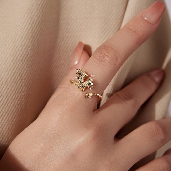 Adjustable Koi Fish Smake Dachshund Kitten Cat Hummingbird leaf Dragon Stackable Rings Lucky Protection Gold Adjustable Animal Themed Fortune Protection Ring Good Luck Statement Jewelry Women Grandma Mom Daughter