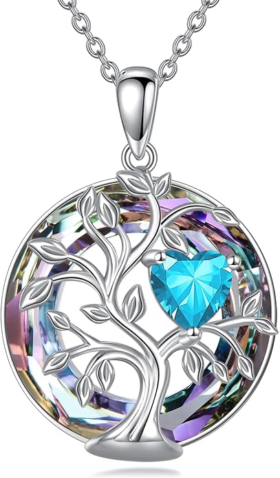 Tree Of Life Birthstone Necklace 925 Sterling Silver Crystal Family Tree Pendant Necklaces Heart Birthstone Jewelry For Women Female Anniversary Birthday Gifts