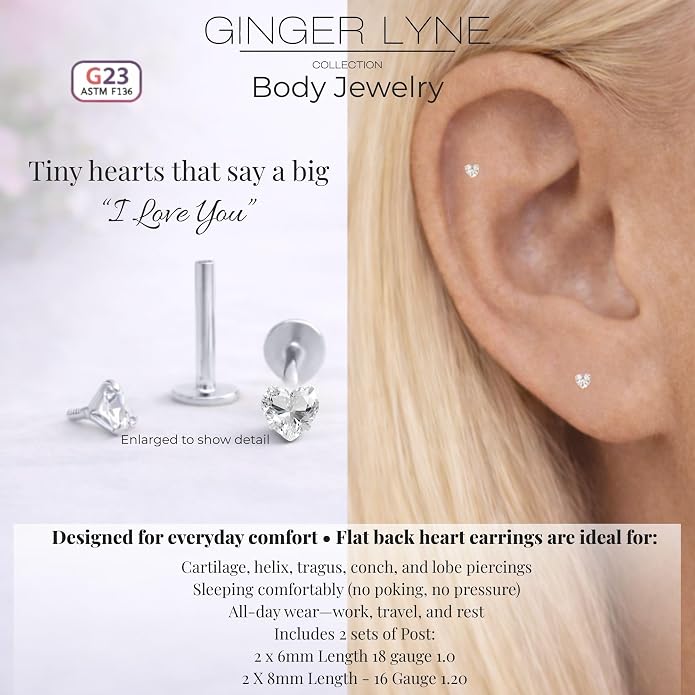 Titanium Heart CZ Labret Stud Earrings for Piercings by Ginger Lyne 6Pc Set G23 Screw Front Flat Back Body Jewelry 2 pair post 6mm, 8mm Cartilage, Helix, Tragus, Lip, Conch, Lobe