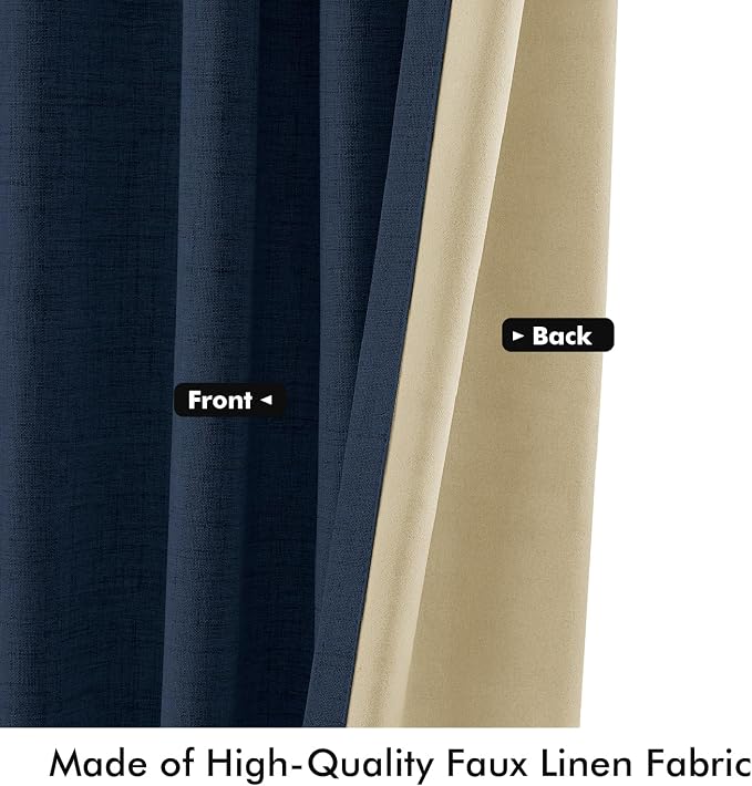 MIULEE 100% Blackout Linen Curtains 42 x 84 Inch Midnight Blue 2 Panels | Thermal Insulated, Room Darkening Drapes for Bedroom Living Room, Back Tab Rod Pocket Pinch Pleated, Solid Luxury Decor
