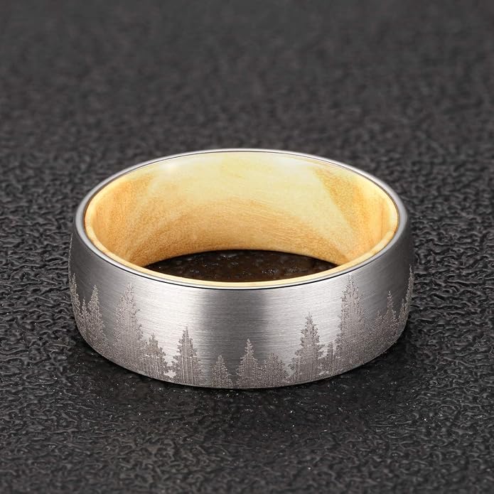 Forest Rings for Men 8 mm Black Plated Wedding Band with Wood Liner Comfort Fit