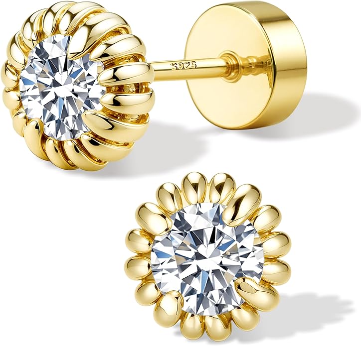 GEMQUEEN Moissanite Earrings Studs Flat Back Earrings Hypoallergenic - 14K Gold Plated Sterling Silver Earring for Women Men Small Dainty Cartilage Helix Piercing Jewelry D Color VVS1