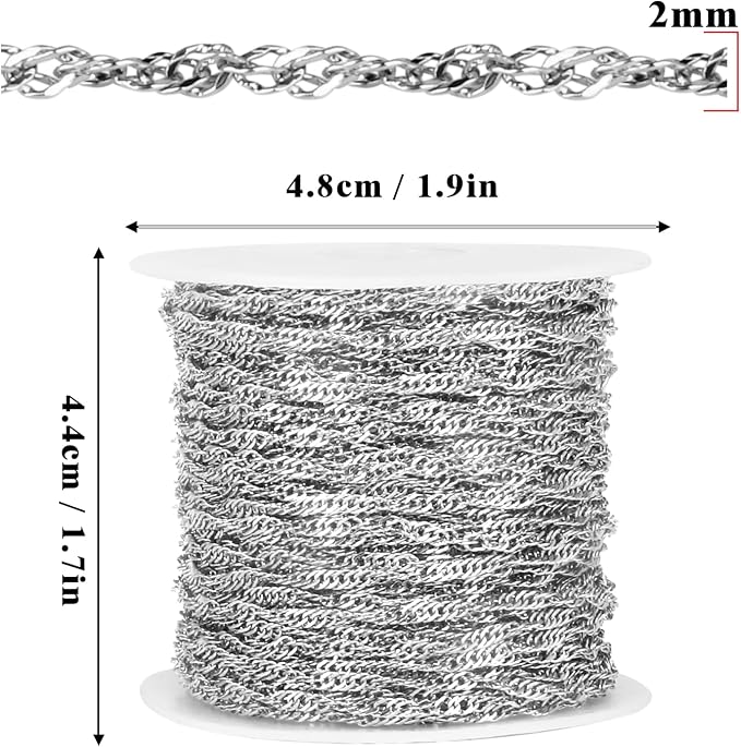 33 Feet Stainless Steel Singapore Chains Roll, 2mm 304 Stainless Steel Twisted Link Chain Bulk Spool for Jewelry Making DIY Craft