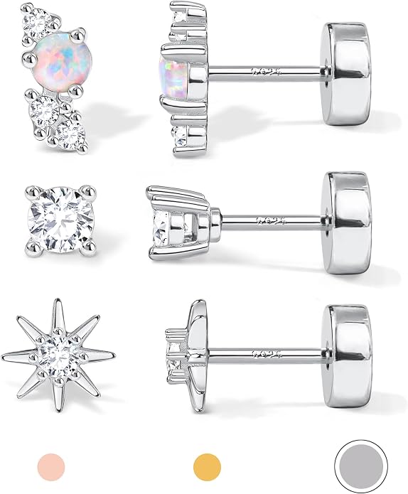 14K Gold Plated Solid 925 Sterling Silver Post Flat Back Earrings Stud | Cartilage Helix Conch Tragus Piercing Jewelry 3 Pairs Tiny Screw Dainty CZ Opal Earring Set Men Women