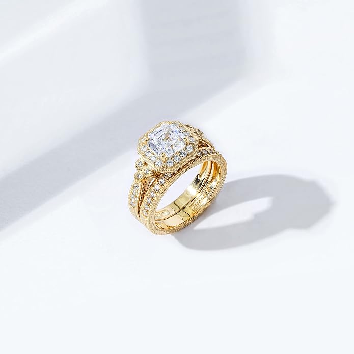 Amazon Essentials Platinum or Gold Plated Sterling Silver Antique Ring set with Asscher-Cut Infinite Elements Cubic Zirconia