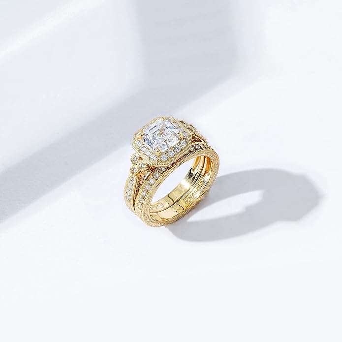 Amazon Essentials Platinum or Gold Plated Sterling Silver Antique Ring set with Asscher-Cut Infinite Elements Cubic Zirconia