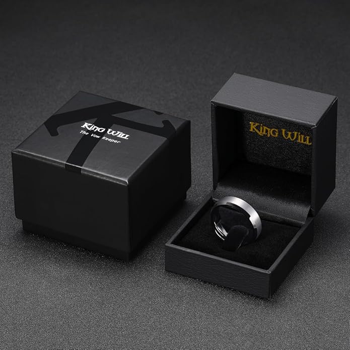 King Will Tungsten Men's Wedding Ring - Available in 6mm to 10mm, Black/Silver, Matte Finish, Beveled Polished Edge, Comfort Fit