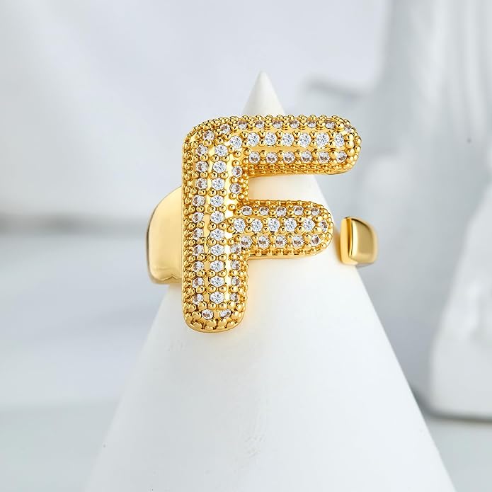 Cicy Bell Initial Rings for Women 14k Gold Plated Cubic Zirconia Delicate Letter Chunky Statement Open Rings Gifts for Her