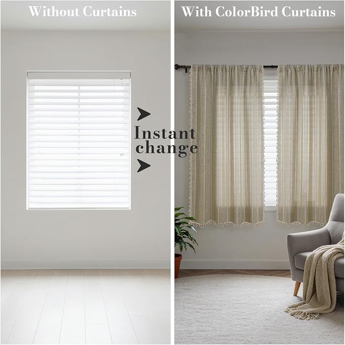 ColorBird Boho Curtains Linen-Textured for Living Room Bedroom Natural Brown 63 Inch Length Farmhouse Light Filtering Neutral Embroidered Striped Linen Drapes 2 Panels Window Treatment