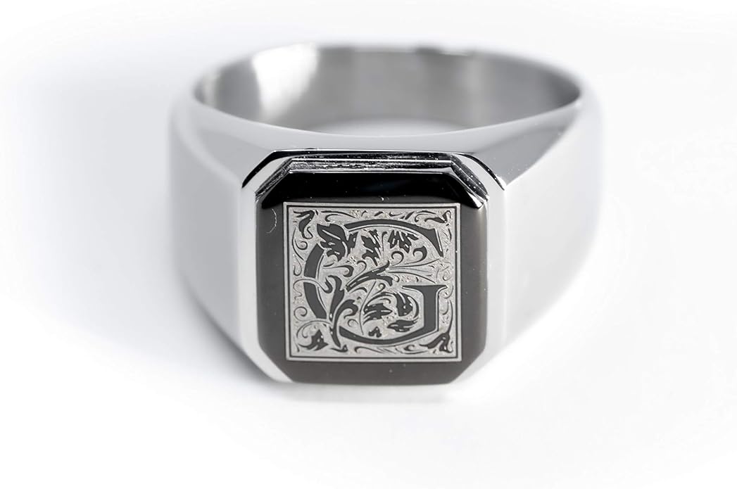 Jewelry | Stainless Steel Letter Alphabet Initial Ring | Square Flat Top Ring for Men & Women | Stainless Steel Jewelry, (Black, Gold, Silver), Size 7-16