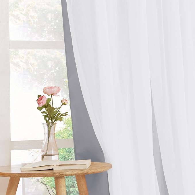 PONY DANCE Living Room Curtains - Gray Curtains with White Sheer Overlay Light Block for Living Room/Bedroom/Dining Room, 52 x 84 inches, Silver Grey, 2 PCs
