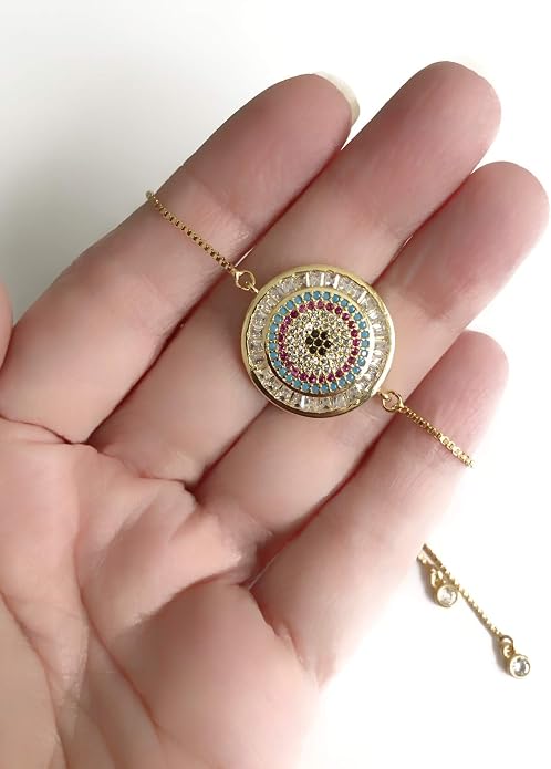 SIFRIMANIA Evil Eye Adjustable Sliding Bead Shiny Bracelet Lucky Charms Jewelry for Women of All Ages