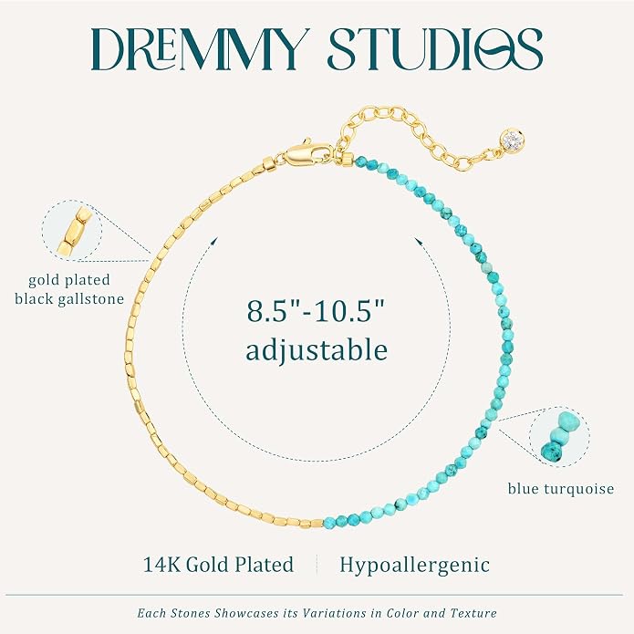 DREMMY STUDIOS Gold Anklet Bracelets for Women 14K Gold Plated Stone Handmade Beaded Link Chain Anklets Jewelry Gift