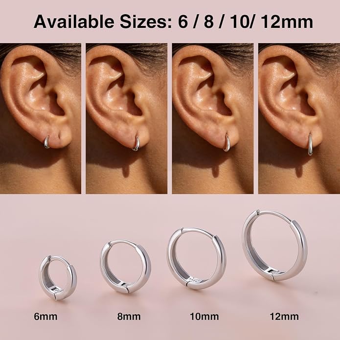 Hypoallergenic 925 Sterling Silver Chunky Hoop Earrings for Women, Tapered Lightweight Huggie for Sensitive Ears, Small Dainty Cartilage Ring for Lobe Helix Tragus, Second Hole Jewelry 6-12mm