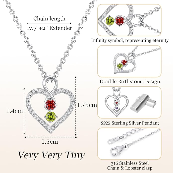 LOUISA SECRET Double Birthstone Necklaces for Women, 925 Sterling Silver Infinity Love Heart Pendant Necklace for Her, Birthday Anniversary Valentine's Day, Christmas, Wedding, Graduation Gift for Her, Personalized Gifts, Jewelry Gifts for Wife Mom Gir...