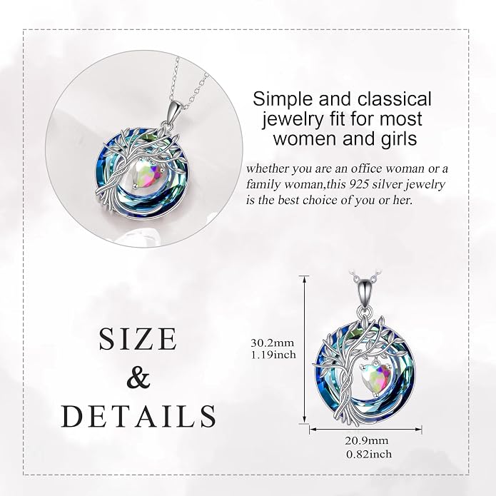 POPLYKE Mothers Day Gifts for Mom Her Wife Tree of Life Necklace 925 Sterling Silver Birthstone Pendant with Crystal Anniversary Birthday Wedding Jewelry for Women