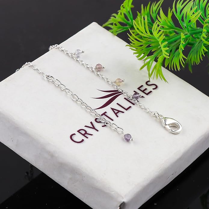 Natural Gemstone Beaded Dangle Anklets, Handmade Bohemian Jewelry, Micro-Faceted Stones Wicca & Reiki Healing Crystals, Silver Ankle Bracelet, Christmas Gift for Women, 9+1.50inch