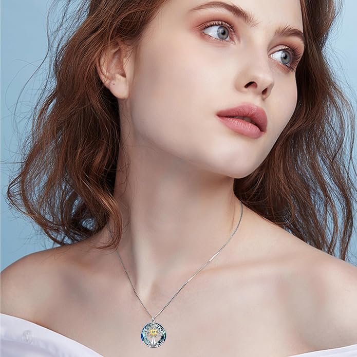 TOUPOP Tree of Life Necklace 925 Sterling Silver Celtic Knot Tree Pendant Jewelry with Blue Crystal Christmas Gifts for Women